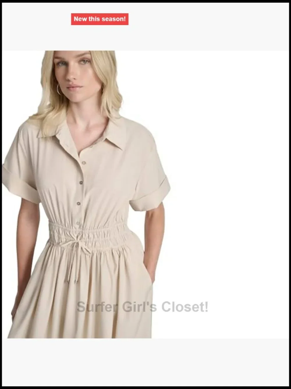 DKNY Short Sleeve Collared Neck Faux Drawstring Cinched Waist Button Front Dress